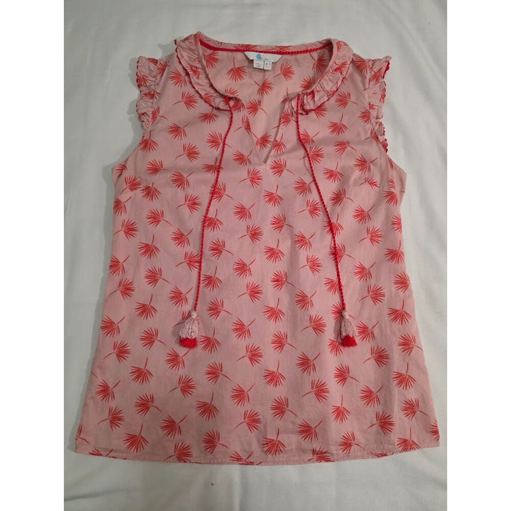 Boden Laurie Cotton Palm-Print Ruffle Tassel-Tie Sleeveless Top in pink and red